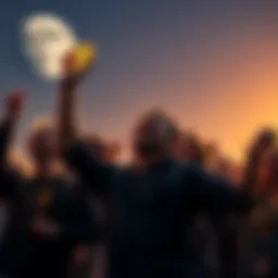 A group of Bitcoin enthusiasts celebrating and looking towards the sky with hopeful expressions, symbolizing their belief in Bitcoin's potential growth.