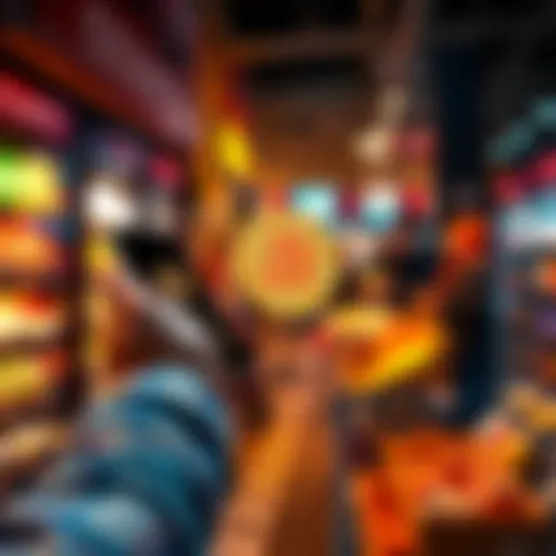 A person making a transaction with bitcoin for a product at a store, showing a phone displaying cryptocurrency and an item in hand