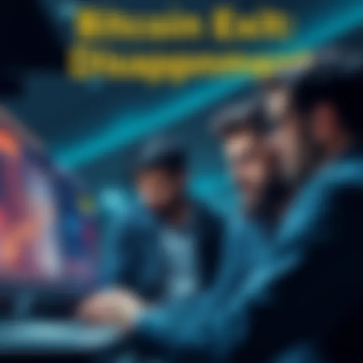 Bitcoin Exit Disappointment A group of frustrated individuals looking at cryptocurrency charts and discussing their missed Bitcoin targets, showing signs of disappointment and confusion.