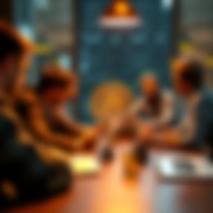 A group of people talking about Bitcoin investments and financial independence at a table, with laptops and charts in view.