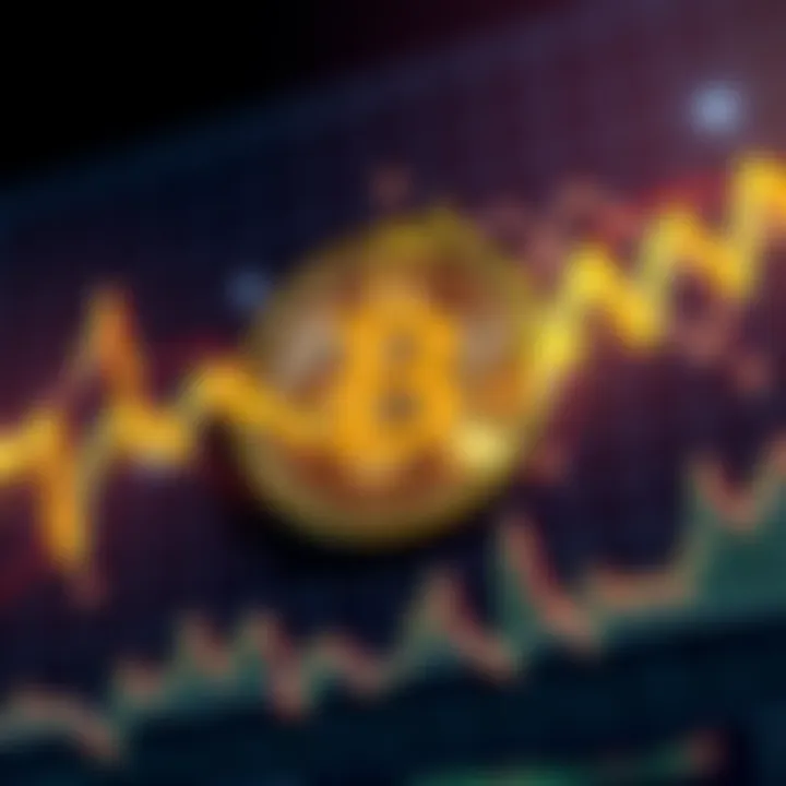 A Bitcoin symbol surrounded by rising and falling financial graphs, representing the volatility of cryptocurrency markets.