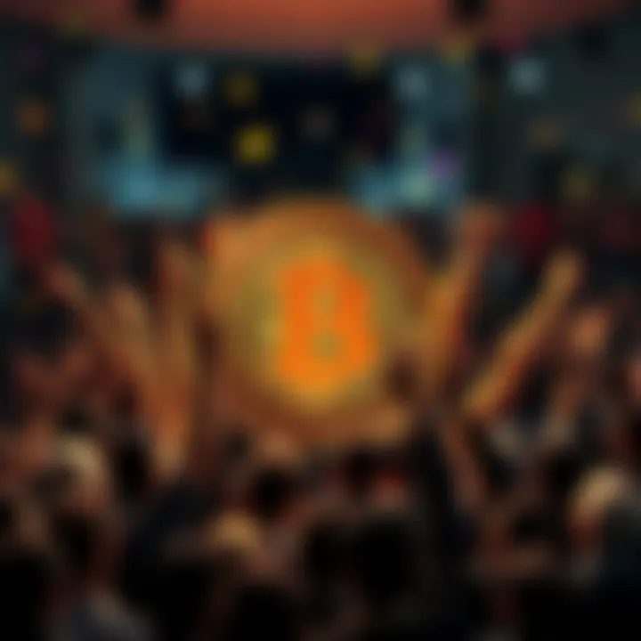 A group of diverse people celebrating around a digital Bitcoin symbol, representing the growth of the Bitcoin community.