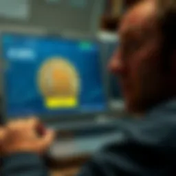 A person looking surprised at an old laptop screen displaying a Bitcoin wallet with 0.1 BTC.