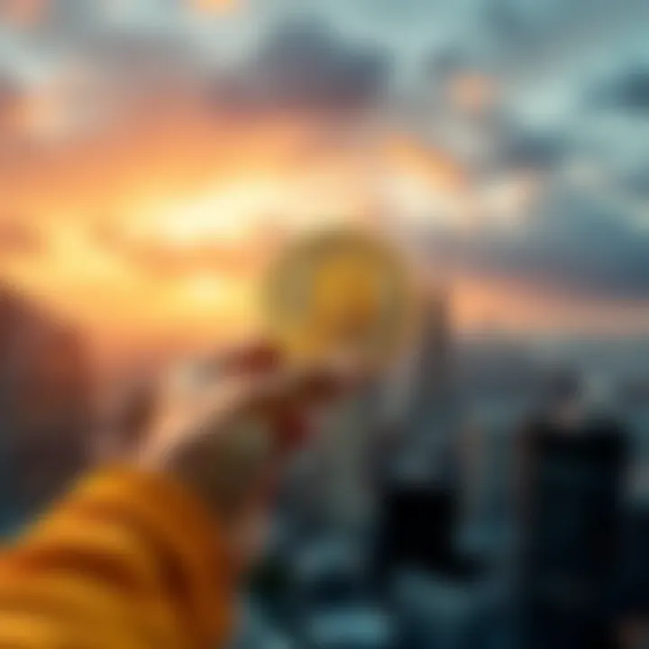 A person holding a Bitcoin in one hand, symbolizing financial independence from traditional banks, with a background of a city skyline.