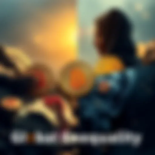 Illustration of Bitcoin symbols contrasting with images of wealth and poverty, showing the divide in global inequality