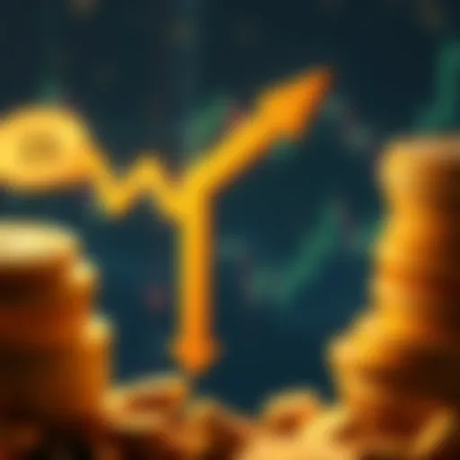 Illustration showing Bitcoin and gold coins with a downward arrow indicating a price drop, symbolizing market trends.