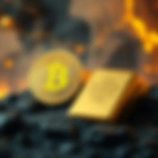 An illustration showing a Bitcoin symbol beside a gold bar, representing the comparison between digital currency and traditional wealth during conflicts.
