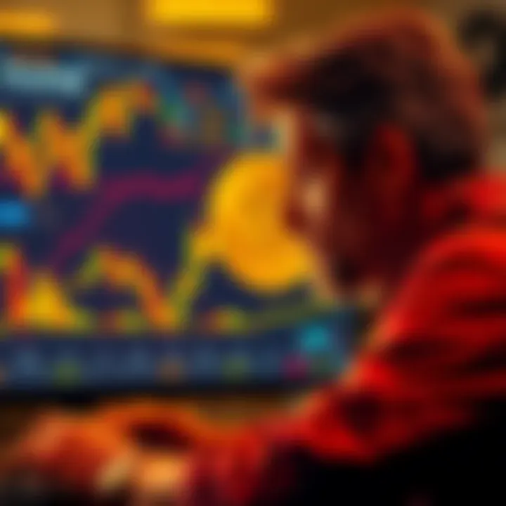 Bitcoin and Gold Investment A person contemplating selling Bitcoin for gold while looking at fluctuating price charts on a screen.