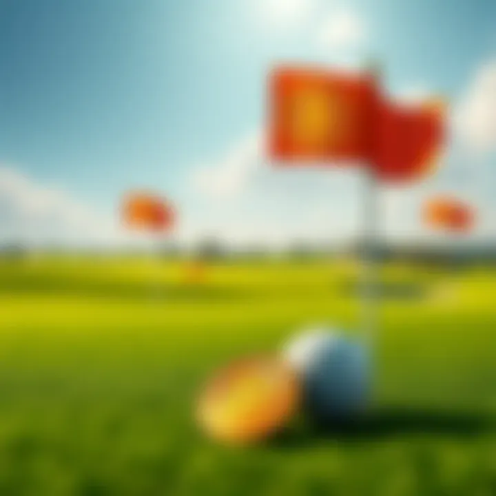 A golf course with Bitcoin symbols and golf flags, showcasing the concept of a Bitcoin-native facility