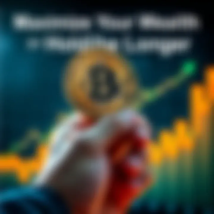 A person holding a physical Bitcoin with a chart showing growth in the background