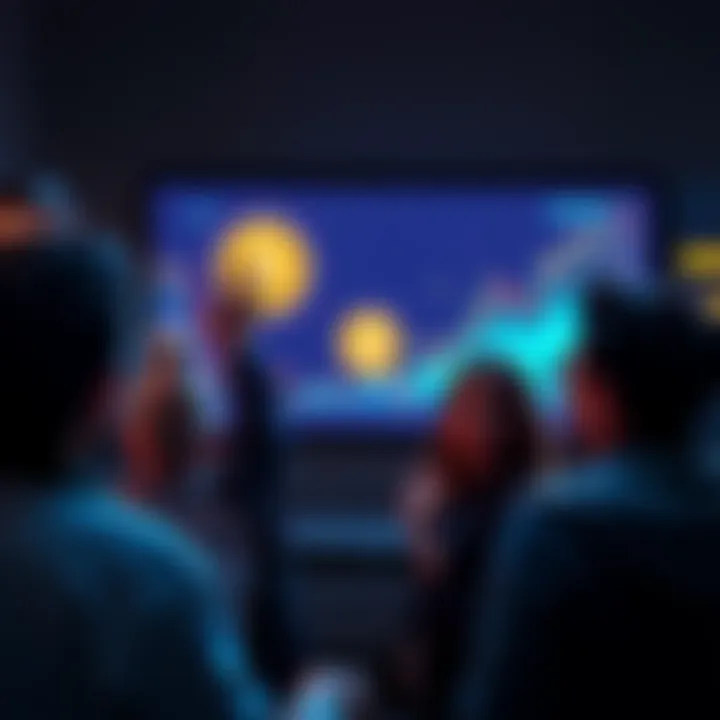 A group of people looking at a digital Bitcoin chart on a screen with expressions of curiosity and excitement.