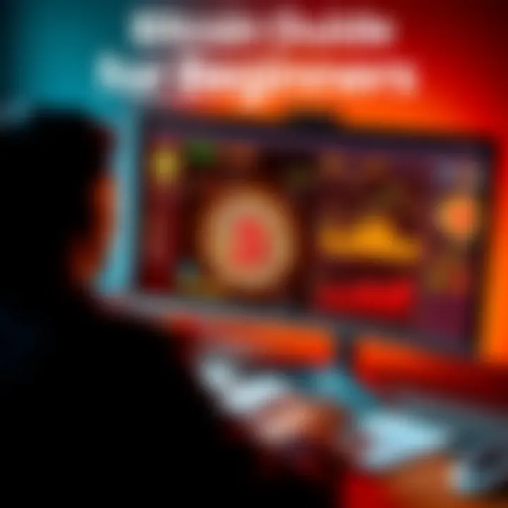 A person looking at a computer screen displaying Bitcoin tutorials and graphs, with a notebook and pen nearby.