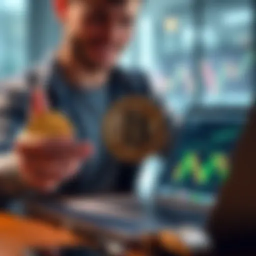 A person confidently holding a Bitcoin coin while looking at market graphs on a laptop, symbolizing strong conviction in Bitcoin.