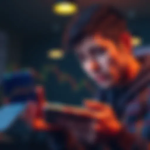 A frustrated person checking their phone with Bitcoin charts on the screen, expressing concern over the drop in value.