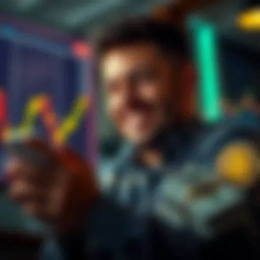 A person smiling while looking at a chart showing Bitcoin price movement, with a symbol of Bitcoin and some cash visible nearby.