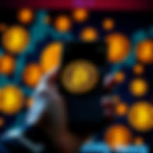 A person holding a smartphone displaying a Bitcoin wallet, reflecting on their first cryptocurrency purchase, with Bitcoin logos in the background.