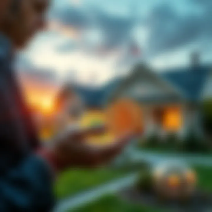 Bitcoin being sold for a home purchase A person hands over Bitcoin symbols to a real estate agent while looking at a house