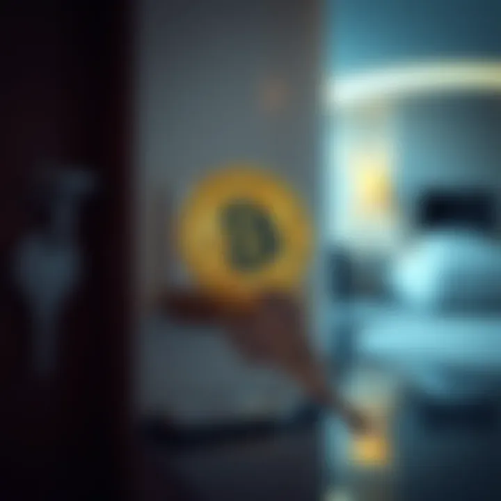 A visual representation showing a Bitcoin symbol next to a hotel room key, illustrating the analogy between transient hotel stays and temporary access to Bitcoin.