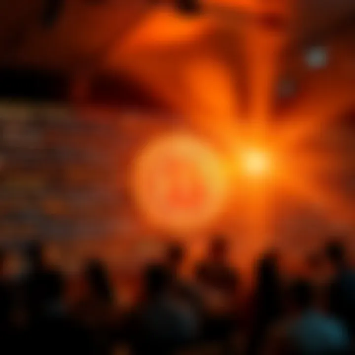 A visual representation of Bitcoin inscriptions symbolizing free speech. It shows a digital screen filled with various text inscriptions and a Bitcoin logo, surrounded by people engaging in discussion...