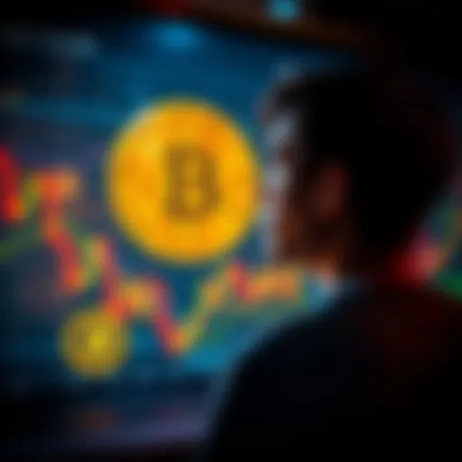 A person contemplating a Bitcoin investment with graph charts and digital currency symbols in the background.