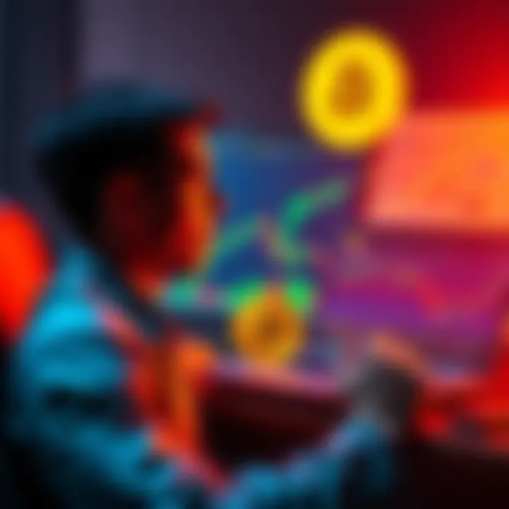 A person contemplating investing their tax return into Bitcoin, with a laptop showing cryptocurrency charts in the background.