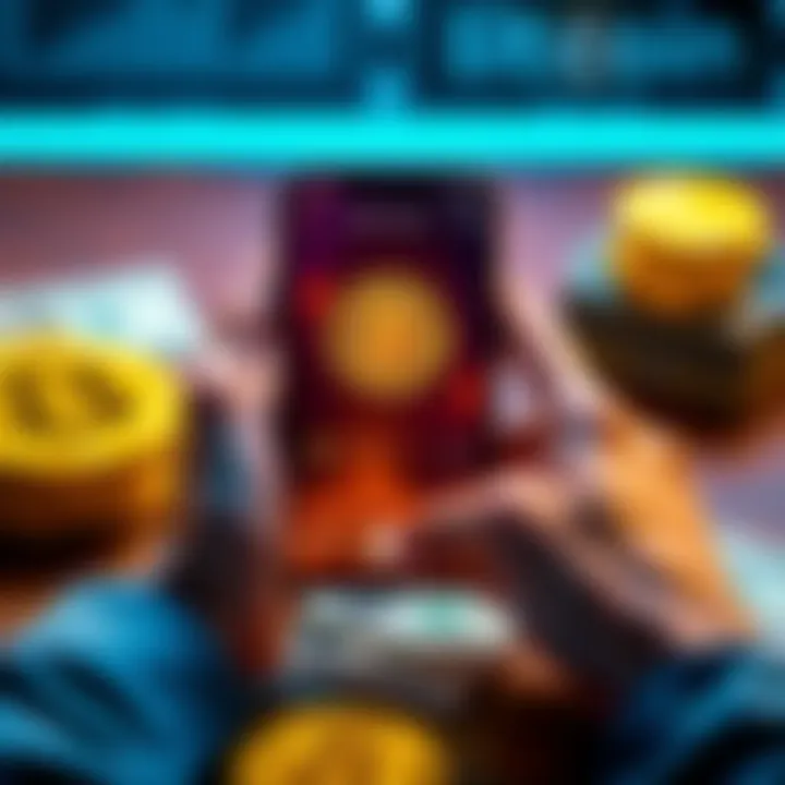 Bitcoin Investment A person holding a smartphone displaying a Bitcoin wallet app, with dollar bills on the table, symbolizing small investments in Bitcoin from each paycheck.