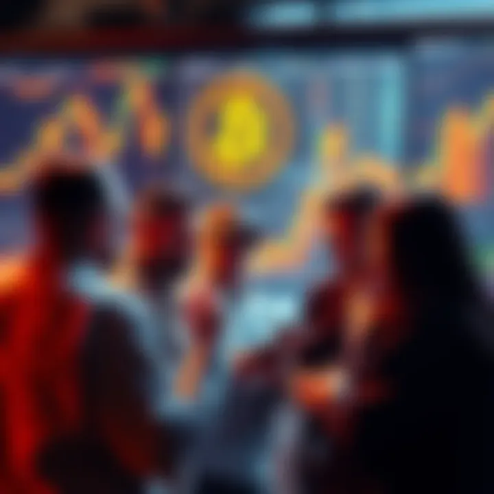 A group of people discussing Bitcoin investment with charts and graphs in the background.
