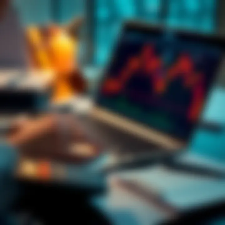 A close-up of a person analyzing Bitcoin charts on a laptop, surrounded by financial documents and a calculator, representing the ongoing interest in Bitcoin investments.