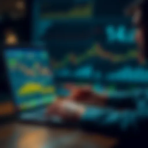 A person analyzing Bitcoin trends on a laptop with graphs and charts visible