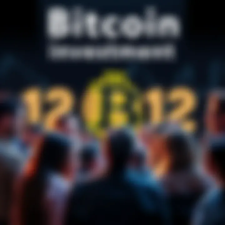 A group of people discussing Bitcoin investment in 2012, showing mixed reactions with a Bitcoin symbol in the background.