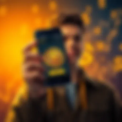A person holding a smartphone displaying Bitcoin's price, with a hopeful expression. Charts and dollar signs in the background.