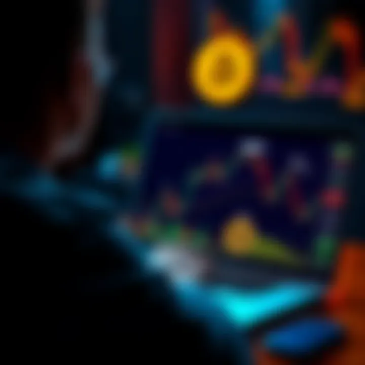 A person analyzing Bitcoin graphs on a laptop with financial charts displayed