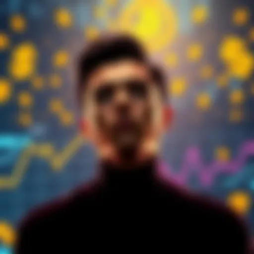 A person considering investing in Bitcoin, with graphs and dollar signs in the background, showing options for lump sum or dollar-cost averaging.