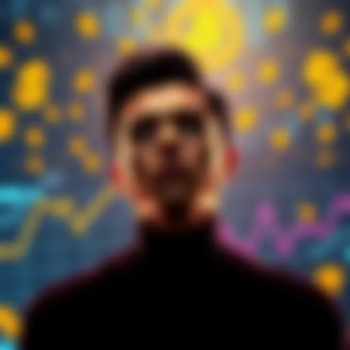 A person considering investing in Bitcoin, with graphs and dollar signs in the background, showing options for lump sum or dollar-cost averaging.