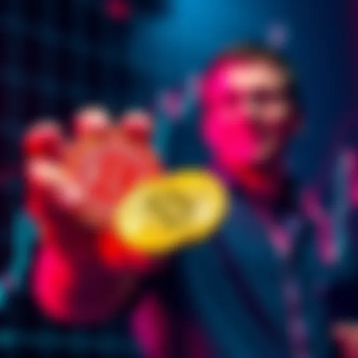 A person confidently holding Bitcoin coins with a graph showing upward trends in the background, representing strong investment enthusiasm.