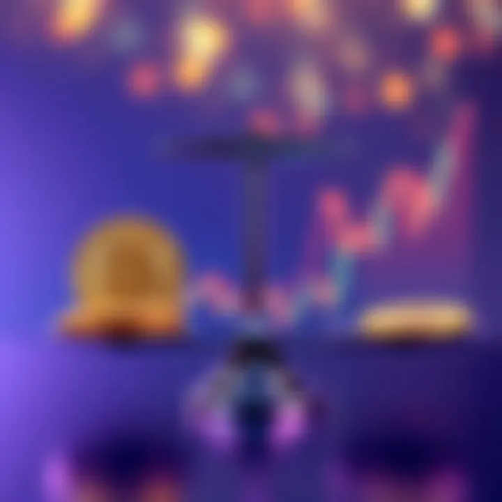 A visual comparison of physical Bitcoin coins and a tax-deferred Bitcoin ETF concept, showing a balanced scale with coins on one side and a graph on the other side