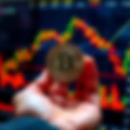 A hand holding a small Bitcoin, representing the idea of investing a small amount in cryptocurrency, with financial charts in the background.