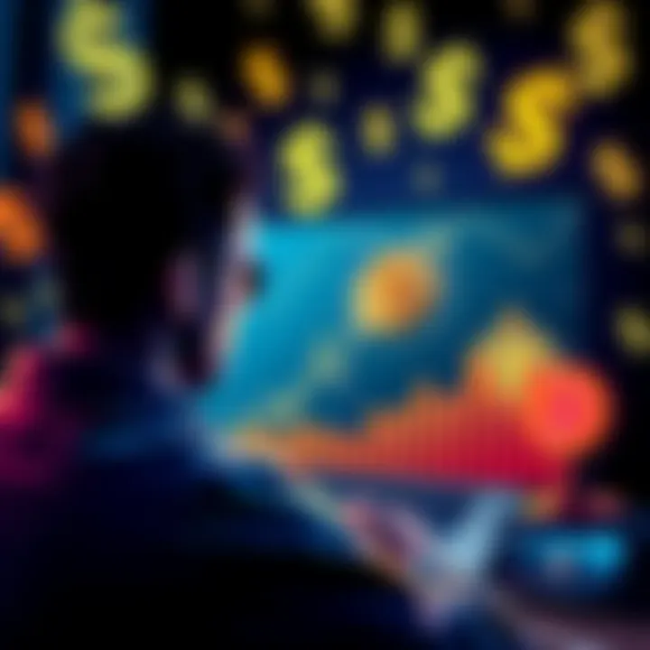 A person looking at a chart showing Bitcoin's growth, surrounded by symbols of jealousy and skepticism, with dollar signs in the background.