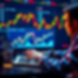 A person analyzing Bitcoin trends on a laptop with financial graphs in the background
