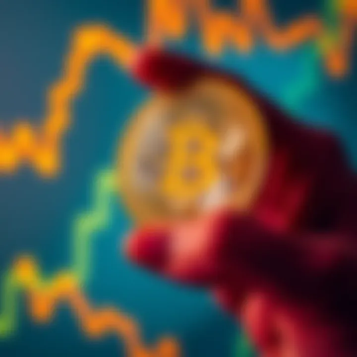 A hand holding a physical Bitcoin with a graph showing rising value in the background.