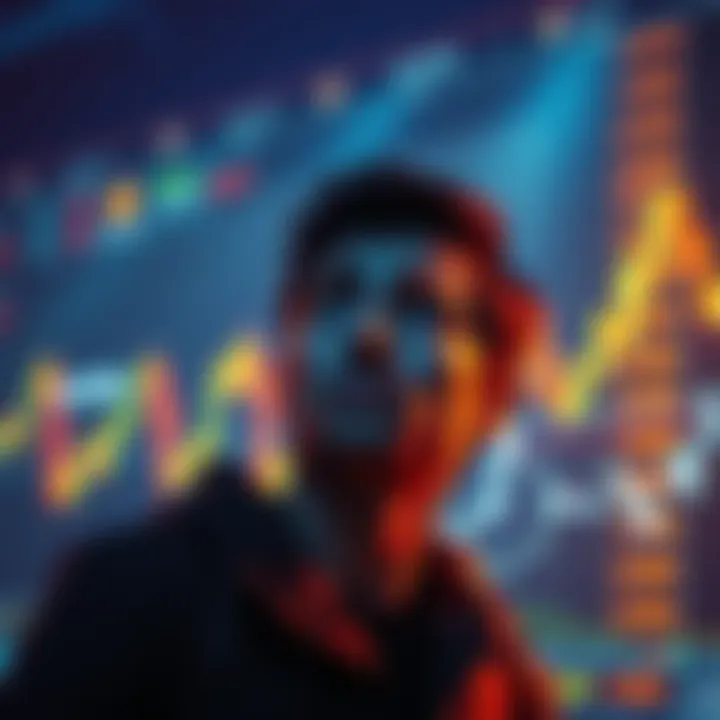 A person looking at a graph showing Bitcoin prices with a worried expression, symbolizing investment decisions.