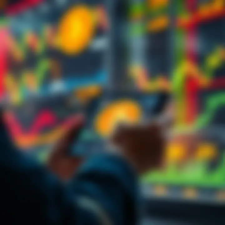 Bitcoin Investment Concept A person examining Bitcoin prices on a tablet while surrounded by stock charts and financial data