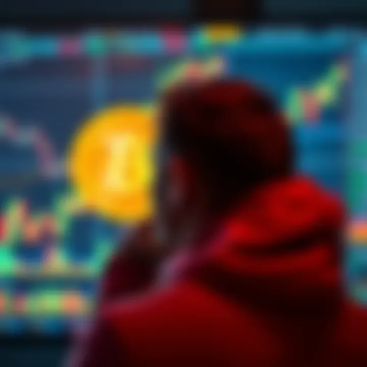 A person contemplating Bitcoin investment with charts and graphs showing price trends on a digital screen