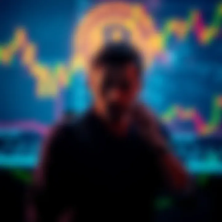 A person contemplating investing in Bitcoin with charts showing market trends in the background