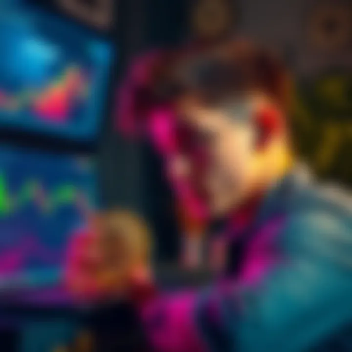 Bitcoin Investment Decision A young investor contemplating Bitcoin, with a laptop showing Bitcoin prices and charts in the background