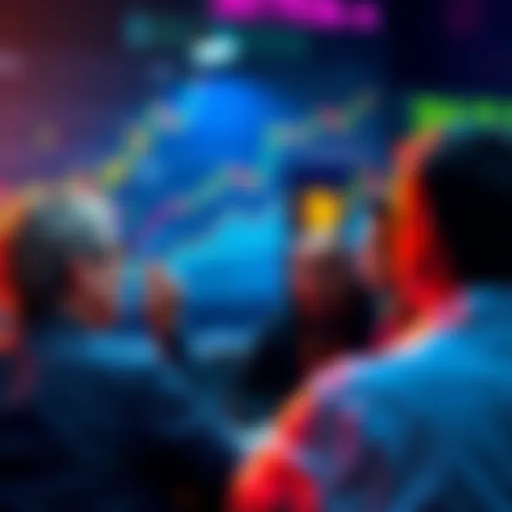 A group of people discussing Bitcoin investment strategies, with charts and graphs showing price trends in the background.