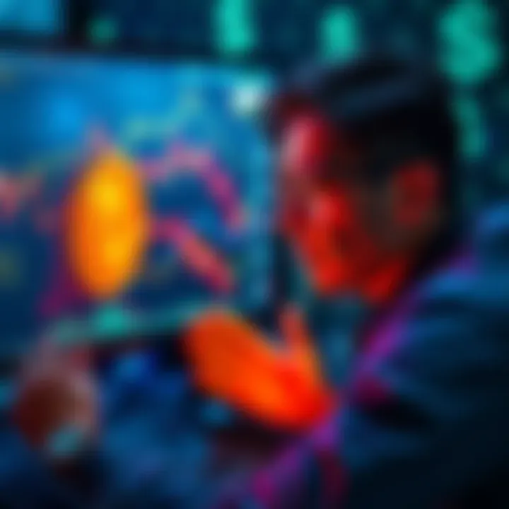 A person looking at Bitcoin charts on a computer screen, showing confusion and concern about investments, with dollar signs in the background.