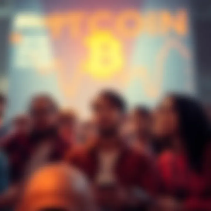 A group of people discussing Bitcoin investments, some looking concerned, others excited, symbolizing the debate between risk and conviction in cryptocurrency.