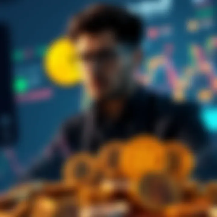 A person contemplating additional Bitcoin investment with a chart showing upward market trends and coins in the foreground.
