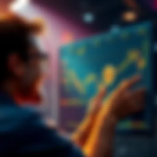 A person looking at a digital chart of Bitcoin prices with a satisfied expression, representing their investment journey to 2 BTC.